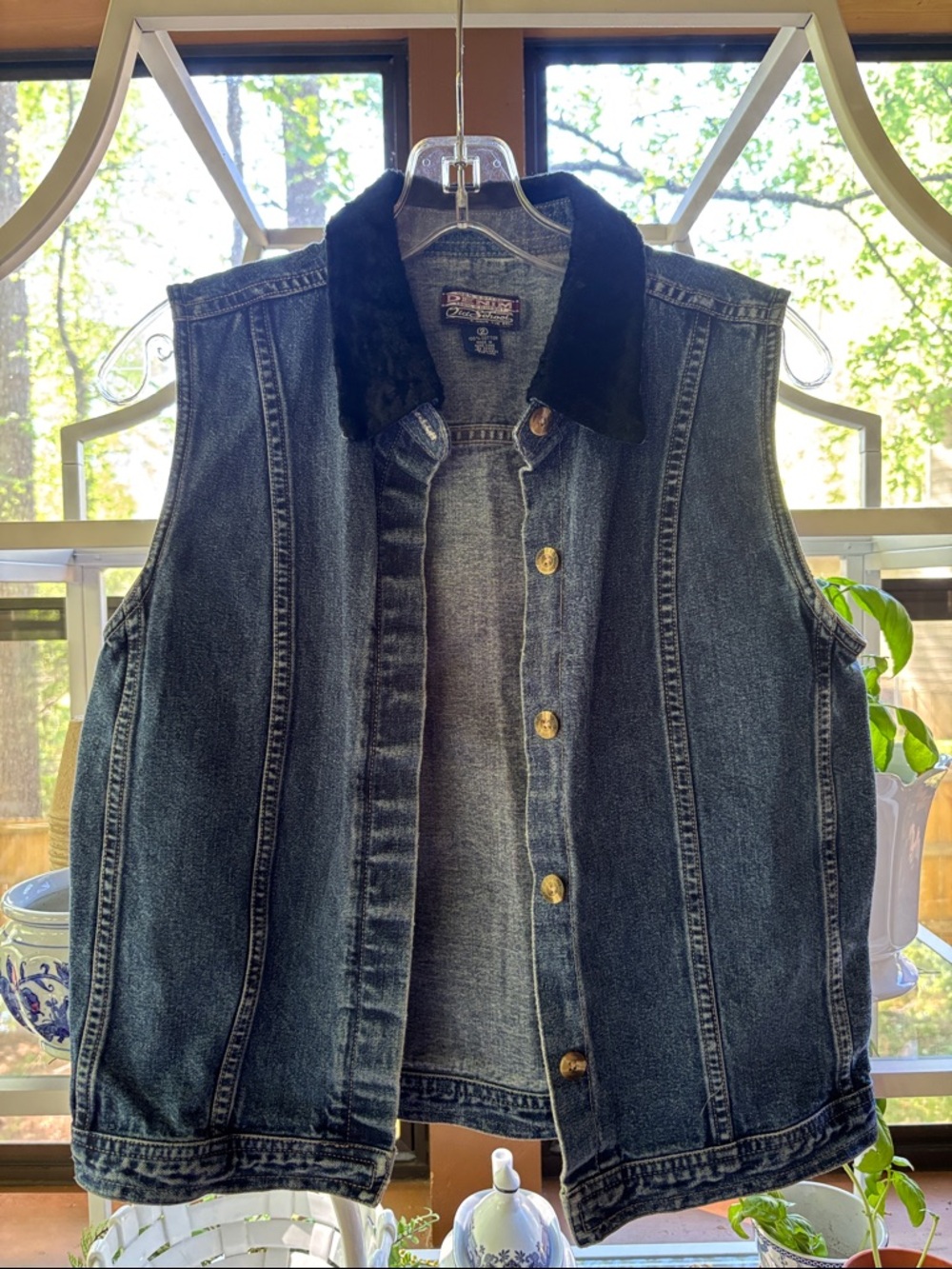 Old School True Vintage Denim Cotton Button Down Vest with Black Fur Collar